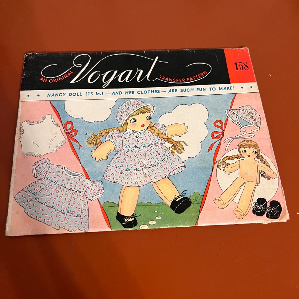 Vintage Vogart Transfer Pattern 158 Nancy Doll 15 inch Soft Doll and Clothes